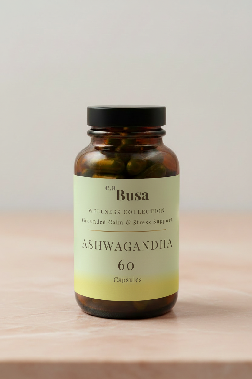c.aBusa Ashwagandha 60 Capsules – Amber Bottle Clean Background